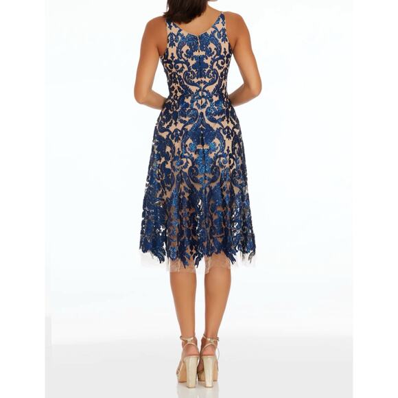 Dress The Population Blair Dress Womens Small Navy Nude V-Neck Fit & Flare Party - Picture 3 of 13